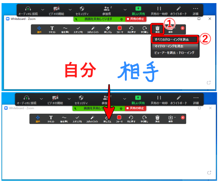 Zoomの使い方 ホワイトボードで落書きを一斉に消す方法 赤青ぱんだ